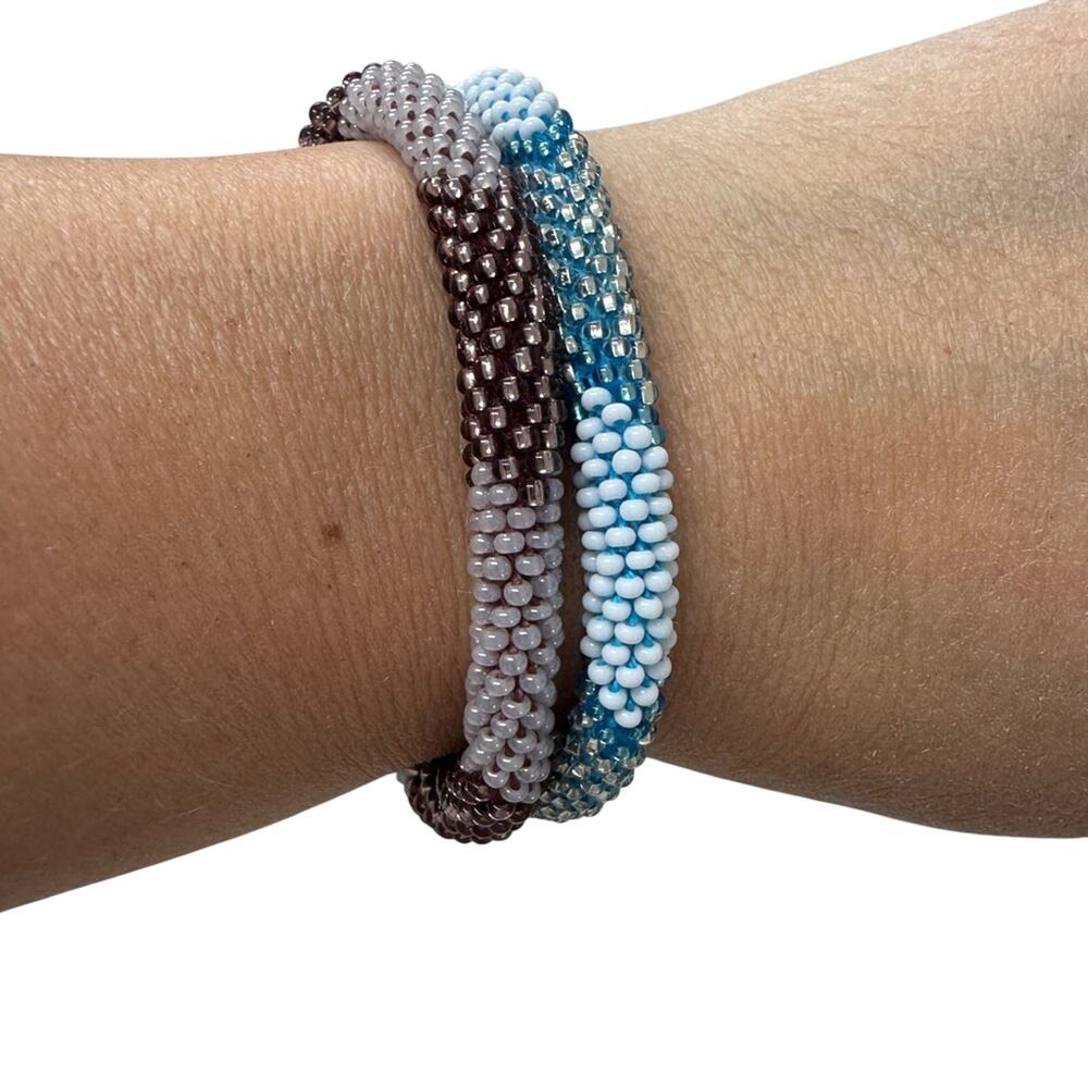 Blue Purple Glass Bead Stretch Bracelet Set of Two Womens Jewelry
